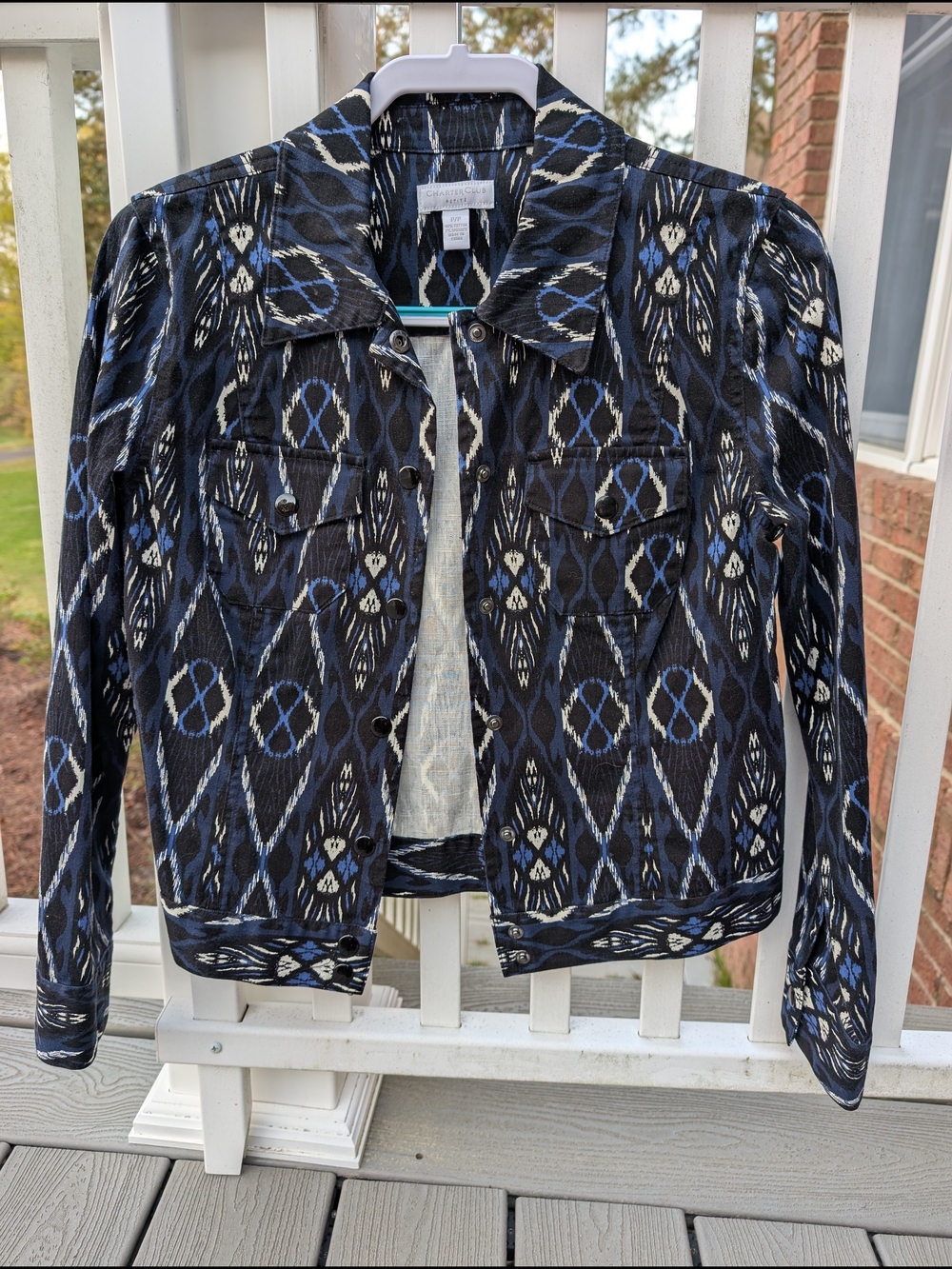 Charter Club Black and Blue Patterned Jean Jacket